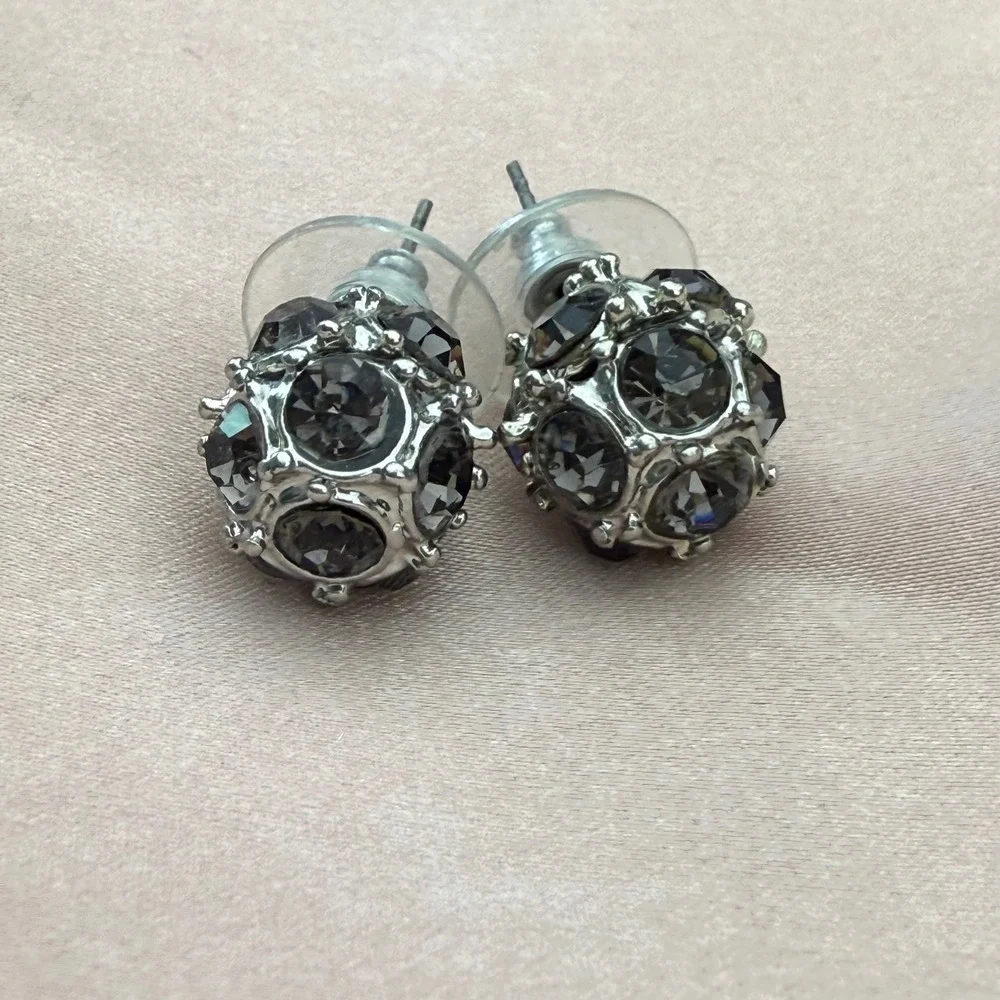 Smoke Gray & Silvertone Cluster Ball Rhinestone Stud Earrings